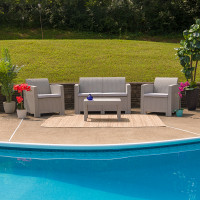 Flash Furniture DAD-SF-112T-CRC-GG 4 Piece Outdoor Faux Rattan Chair, Loveseat and Table Set in Light Gray 